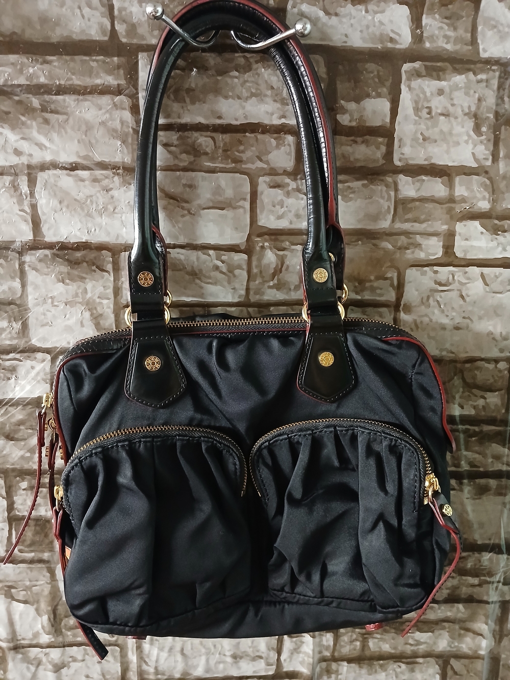 MZ Wallace Black Nylon Tote with Gold Hardware and Red Trim